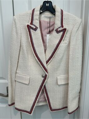Veronica Beard Cream Tweed Blazer with Red Trim and Navy Accents